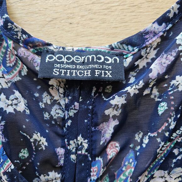 Papermoon Dressy Blouse  for  Stitch Fix Navy Paisley Sheer Long Sleeve, Med - Picture 2 of 9